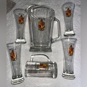 Set of five Delta Chi Fraternity beer glasses and pitcher